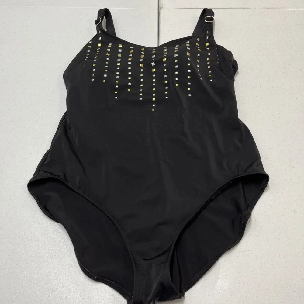 Chicos Swimsuit Black Metallic Studded One Piece 16 Padded Resort Vacation